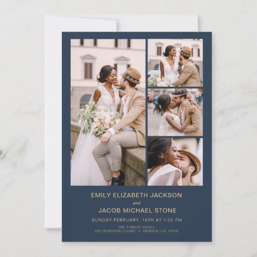 Marine Blauw Goud Alles in één QR Code Fotobruilof Kaart (Voorkant)