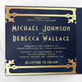 Marine Blauw Goud Art Deco Fotocollage Huwelijk Drieluik Uitnodiging (Binnenzijde eerst)