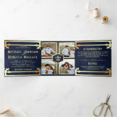 Marine Blauw Goud Art Deco Fotocollage Huwelijk Drieluik Uitnodiging (Binnen)