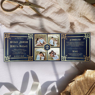 Marine Blauw Goud Art Deco Fotocollage Huwelijk Drieluik Uitnodiging