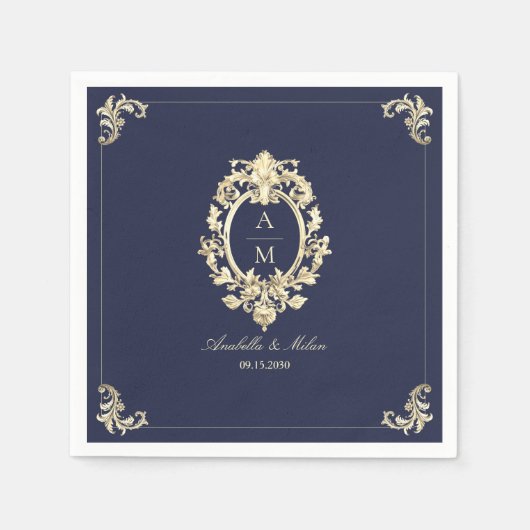 Marine Blauw Goud Barok Huwelijk Servet (Voorkant)