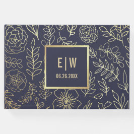 Marine Blauw | Goud Bloemen bruiloft Gastenboek