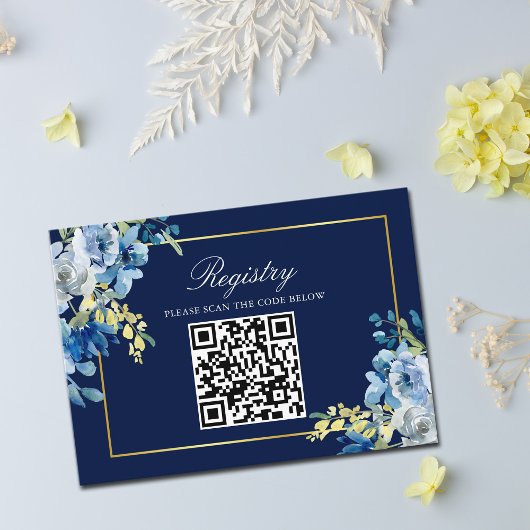 Marine Blauw Goud Bloemen Elegant Wedding Registry Informatiekaartje