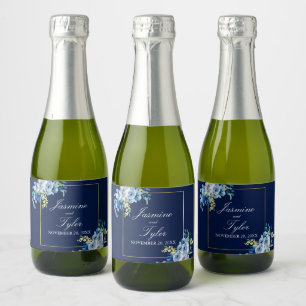 Marine Blauw Goud Bloemen Elegante Avond Bruiloft Sparkling Wijnetiket