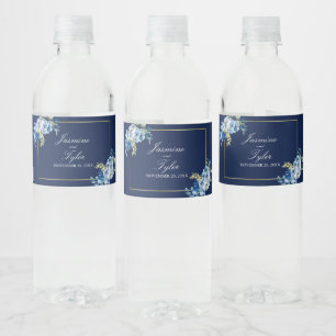 Marine Blauw Goud Bloemen Elegante Avond Bruiloft Waterfles Etiket