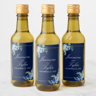 Marine Blauw Goud Bloemen Elegante Avond Bruiloft Wijn Etiket