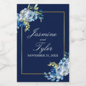 Marine Blauw Goud Bloemen Elegante Avond Bruiloft Wijn Etiket (Enkel label)