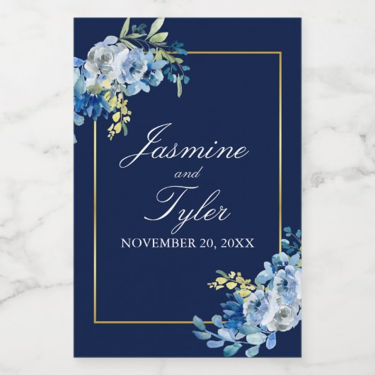 Marine Blauw Goud Bloemen Elegante Avond Bruiloft  Wijn Etiket (Enkel label)