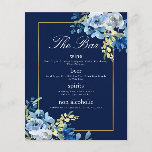 Marine Blauw Goud Bloemen Elegante Bruiloft Bar Me (Voorkant)