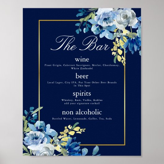 Marine Blauw Goud Bloemen Elegante Bruiloft Bar Me Poster (Voorkant)