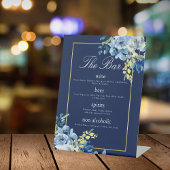 Marine Blauw Goud Bloemen Elegante Bruiloft Bar Me Reclamebord Met Voetstuk