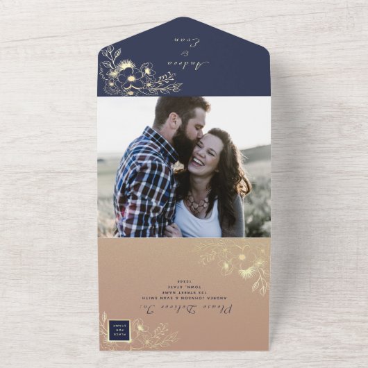 Marine Blauw & Goud Bloemen Foto Huwelijksuitnodig All In One Uitnodiging (Buitenkant)