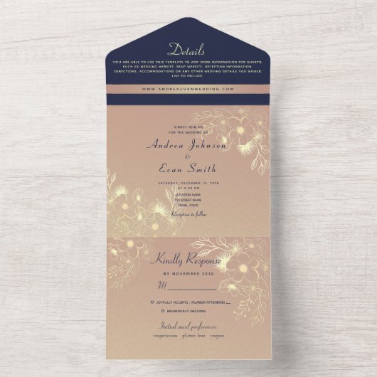 Marine Blauw & Goud Bloemen Foto Huwelijksuitnodig All In One Uitnodiging (Binnen)