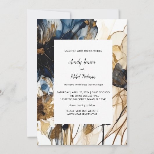 Marine Blauw Goud Bloemen Huwelijksuitnodiging Kaart (Voorkant)