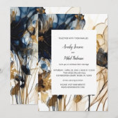Marine Blauw Goud Bloemen Huwelijksuitnodiging Kaart (Voorkant / Achterkant)