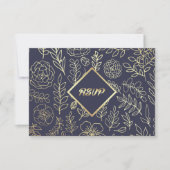 Marine Blauw | Goud Bloemen Patroon Bruiloft RSVP  (Voorkant)