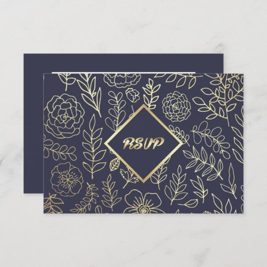 Marine Blauw | Goud Bloemen Patroon Bruiloft RSVP  (Voorkant / Achterkant)