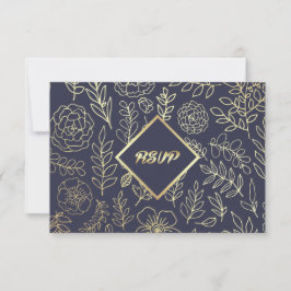 Marine Blauw | Goud Bloemen Patroon Bruiloft RSVP Kaartje