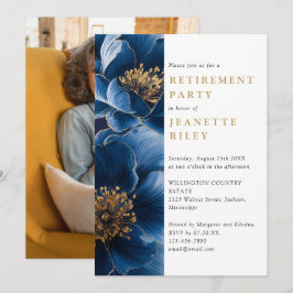 Marine Blauw Goud Bloemen Pensioen Party Foto Kaart