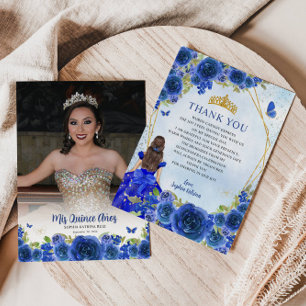 Marine Blauw Goud Bloemen Prinses Quinceañera Foto Bedankkaart