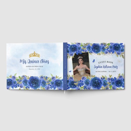 Marine Blauw Goud Bloemen Prinses Quinceañera Foto Gastenboek (Volledig)