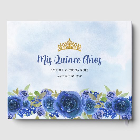 Marine Blauw Goud Bloemen Prinses Quinceañera Foto Gastenboek (Achterkant)