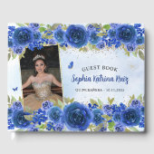 Marine Blauw Goud Bloemen Prinses Quinceañera Foto Gastenboek (Voorkant)