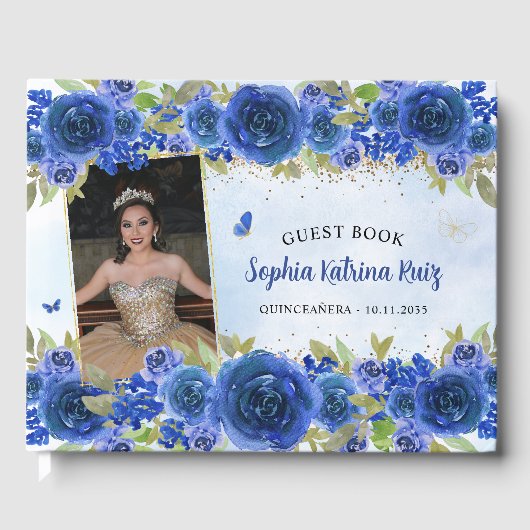 Marine Blauw Goud Bloemen Prinses Quinceañera Foto Gastenboek (Voorkant)
