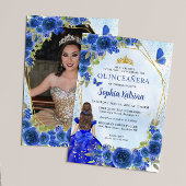 Marine Blauw Goud Bloemen Prinses Quinceañera Foto Kaart