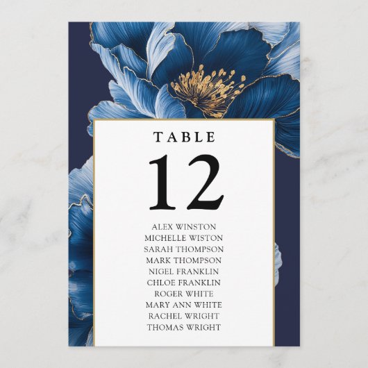 Marine Blauw Goud Bloemen Tafel Nummer Zitting Gra Kaart (Voorkant)