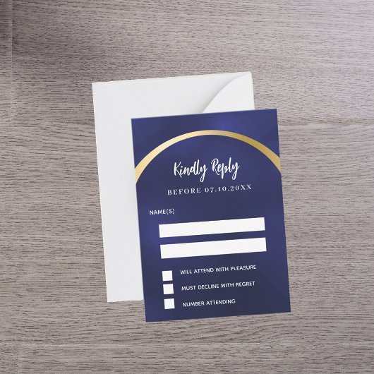 Marine blauw goud boog bruiloft reactie RSVP Notitiekaartje