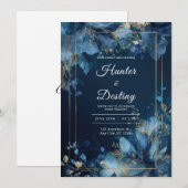 Marine Blauw Goud Botanische Huwelijksuitnodiging Kaart (Voorkant / Achterkant)