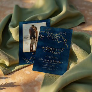 Marine Blauw & Goud Botanische Verlovingsfeest Kaart