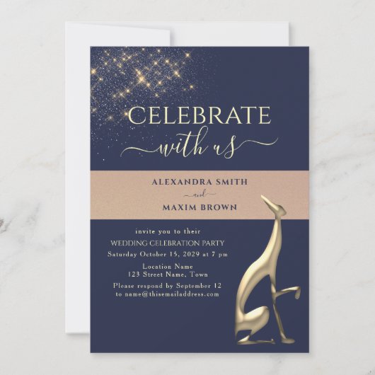 Marine Blauw Goud bruiloft receptie uitnodiging (Voorkant)