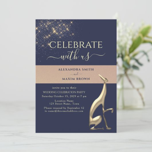 Marine Blauw Goud bruiloft receptie uitnodiging (Staand voorkant)