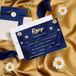 Marine Blauw & Goud Chic Ivoor Beige Bloemen Huwel RSVP Kaartje