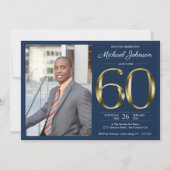 Marine Blauw Goud Classy Foto 60e Verjaardagsfeest Kaart (Voorkant)