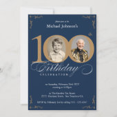 Marine Blauw Goud Custom Photo 100e Verjaardagsfee Kaart (Voorkant)