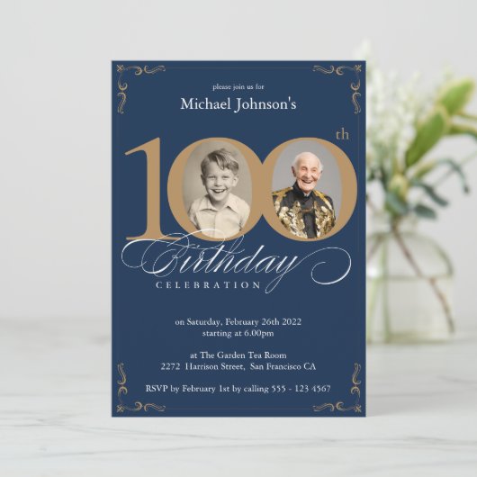 Marine Blauw Goud Custom Photo 100e Verjaardagsfee Kaart (Staand voorkant)