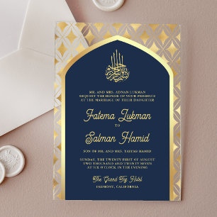 Marine Blauw Goud Diamanten Boog Moslim Bruiloft Acryl Uitnodigingen
