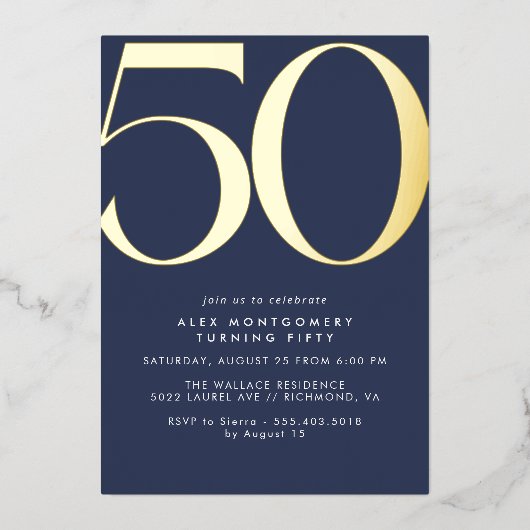 Marine blauw & goud | Eenvoudige moderne 50ste ver Folie Uitnodiging (Voorkant)