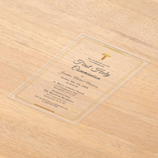 Marine Blauw Goud Eerste Heilige Communie Jongen Acryl Uitnodigingen (Laagn)