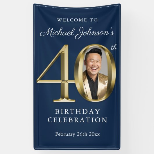 Marine Blauw Goud Elegant 40e Verjaardagsfeestje W Spandoek (Verticaal)
