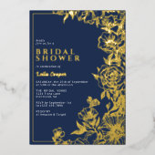 Marine blauw & goud | Elegant bloemig Vrijgezellen Folie Uitnodiging (Voorkant)