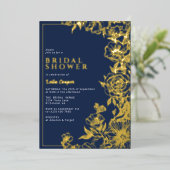 Marine blauw & goud | Elegant bloemig Vrijgezellen Folie Uitnodiging (Staand Voorkant)