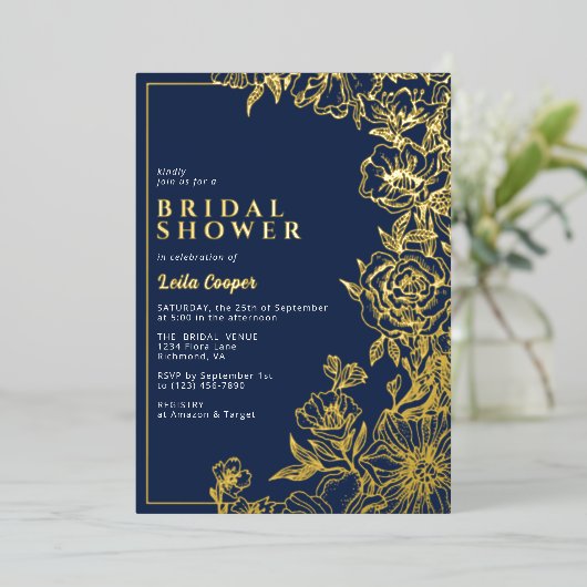 Marine blauw & goud | Elegant bloemig Vrijgezellen Folie Uitnodiging (Staand Voorkant)
