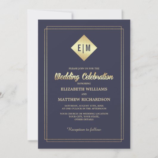 Marine Blauw | Goud Elegant Bruiloft Kaart (Voorkant)