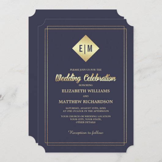 Marine Blauw | Goud Elegant Bruiloft Kaart (Voorkant / Achterkant)