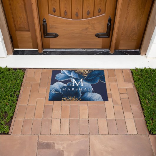 Marine Blauw Goud Elegante Bloemen Monogram Famili Deurmat (Buiten)