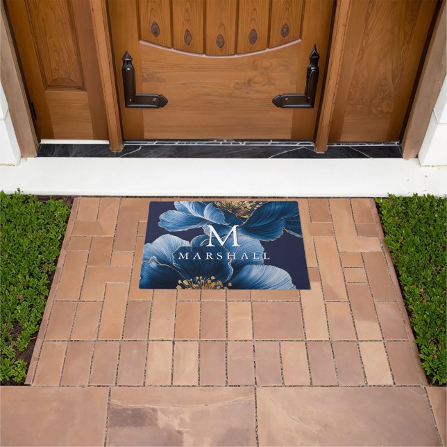 Marine Blauw Goud Elegante Bloemen Monogram Famili Deurmat (Buiten)